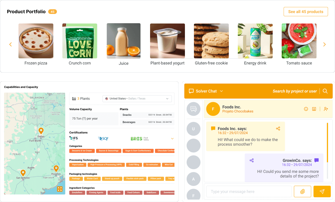 GrowinCo. project collaboration interface with Solver Chat and product portfolio