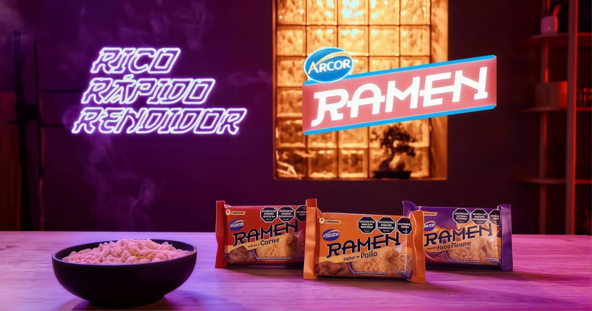 Arcor Ramen campaign: the chicken, spicy chicken and beef packs next to a bowl of noodles
