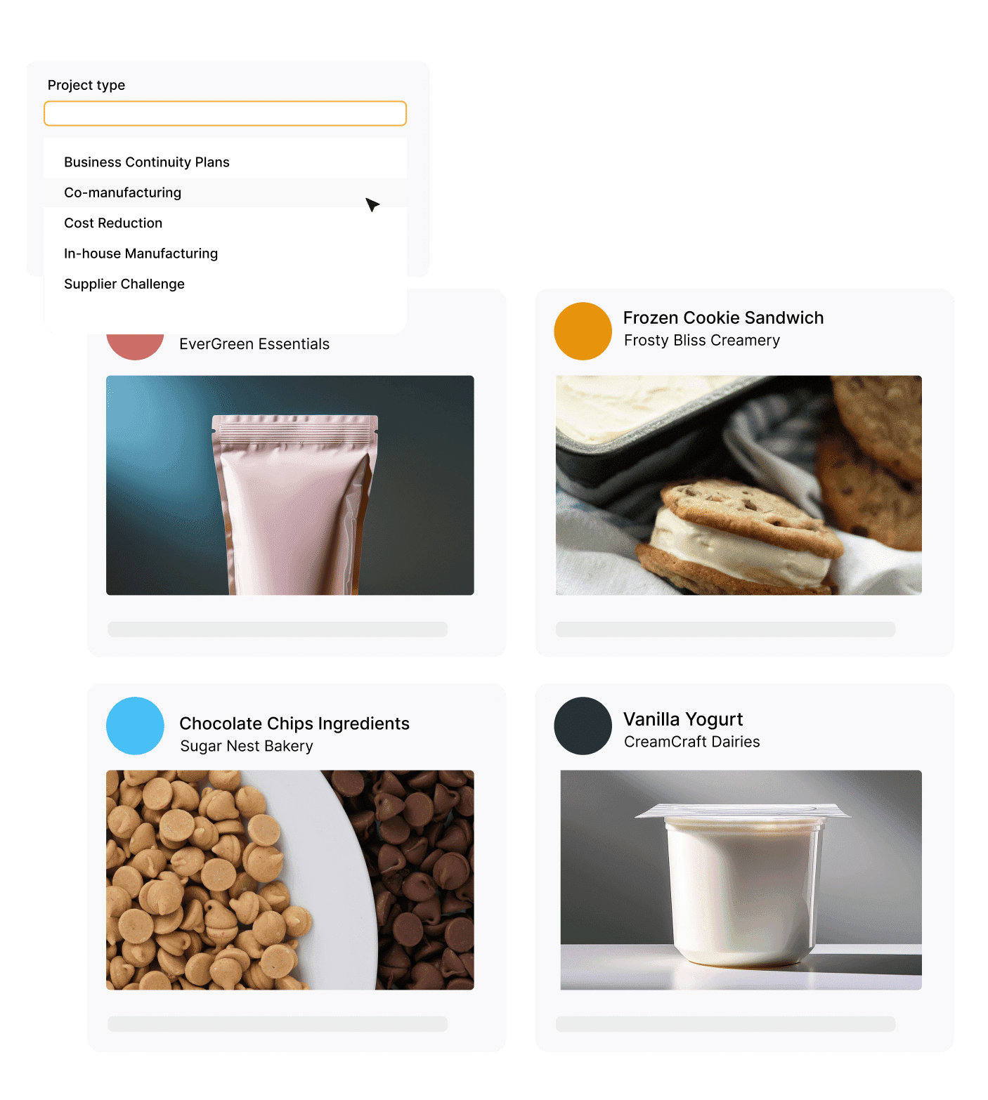 GrowinCo. projects browser showing co-manufacturing opportunities by type and category